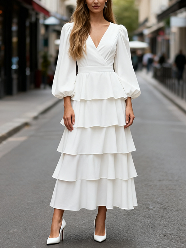 Layered Solid Color A-line High Waisted V-neck Maxi Dresses