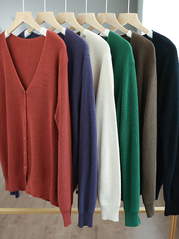 Solid Color Long Sleeves Loose V-Neck Cardigan Tops