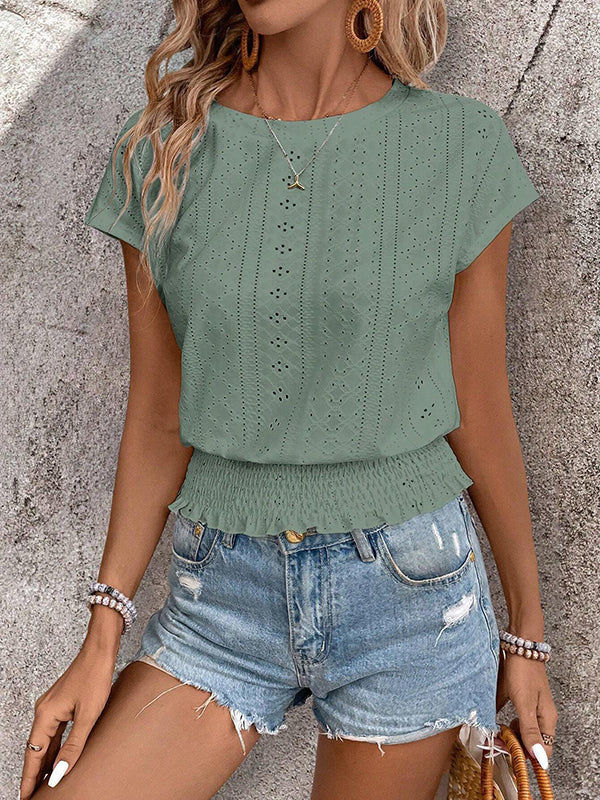 Elasticity Hollow Jacquard Solid Color Loose Raglan Sleeve Round-Neck T-Shirts Tops