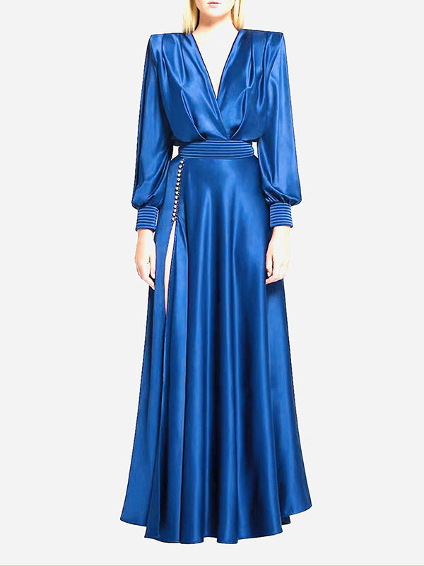 Buttoned Split-Side Zipper High Waisted Long Sleeves Deep V-Neck Maxi Dresses