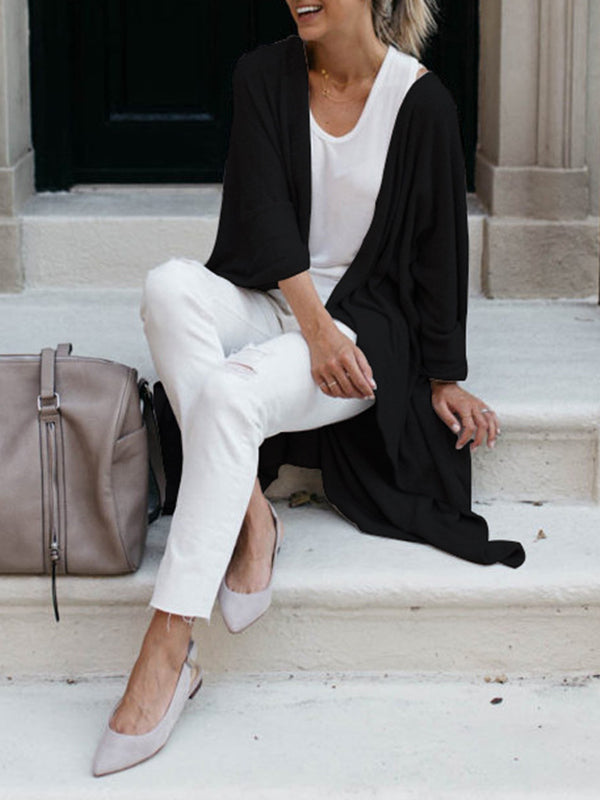 Solid Color Batwing Sleeves Loose Collarless Cardigan Tops