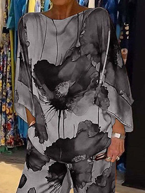 Printed Split-Joint Batwing Sleeves Loose Round-neck Blouses&shirts Tops