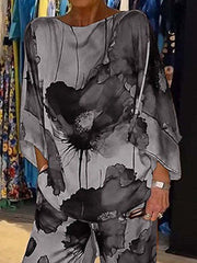Printed Split-Joint Batwing Sleeves Loose Round-neck Blouses&shirts Tops