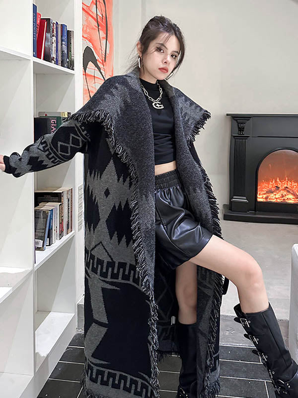 Contrast Color Geometric Split-Joint Tasseled Long Sleeves Loose Lapel Overcoat Outerwear