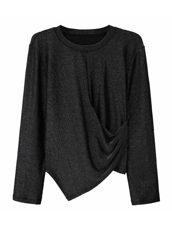 Asymmetric Solid Color Hipster Long Sleeves Round-Neck T-Shirts Tops