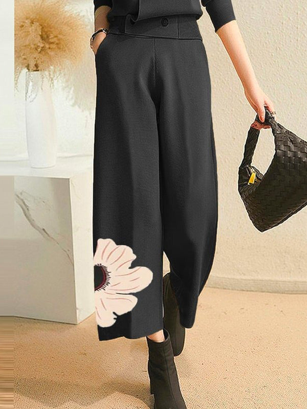 Asymmetric Floral Printed High Waisted Loose Trousers Pants