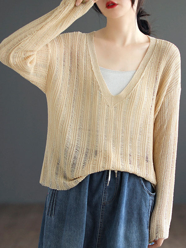Hollow Solid Color Long Sleeves Loose V-Neck Pullovers