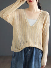 Hollow Solid Color Long Sleeves Loose V-Neck Pullovers