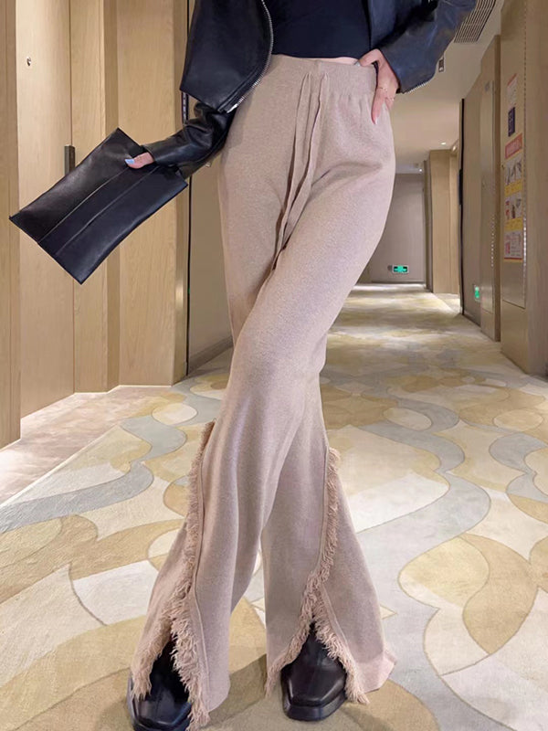 Drawstring Fringed Solid Color Split-Front High Waisted Wide Leg Trousers Pants Bell-Bottoms