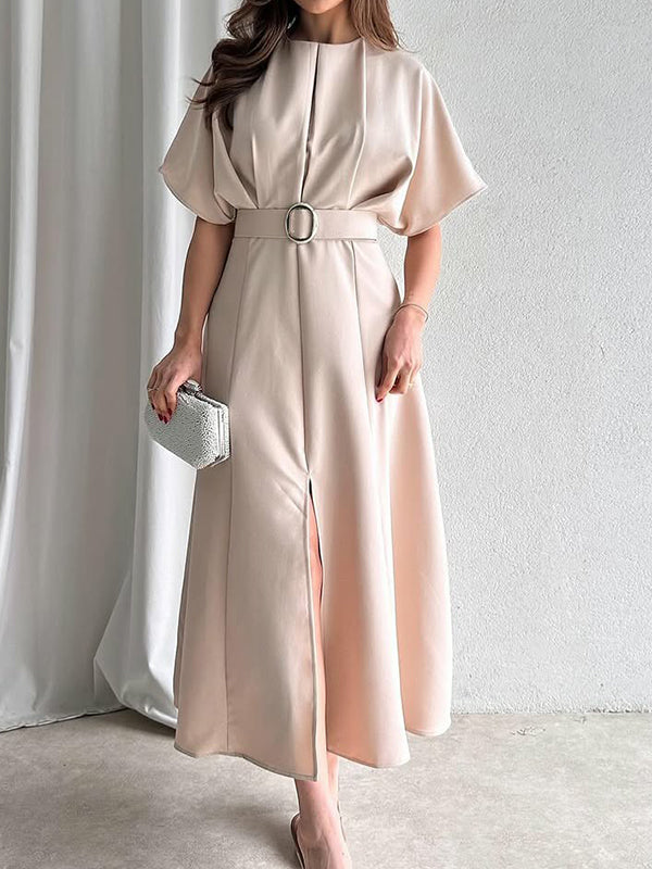 Loose Raglan Sleeve Pleated Split-Front Split-Joint Tied Waist Round-Neck Maxi Dresses