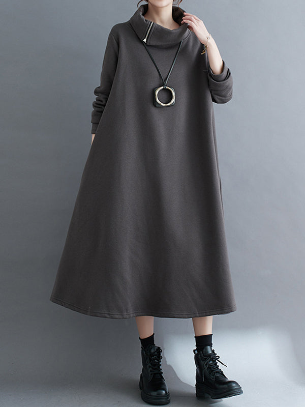 Asymmetric Solid Color Zipper A-Line Long Sleeves High Neck Midi Dresses