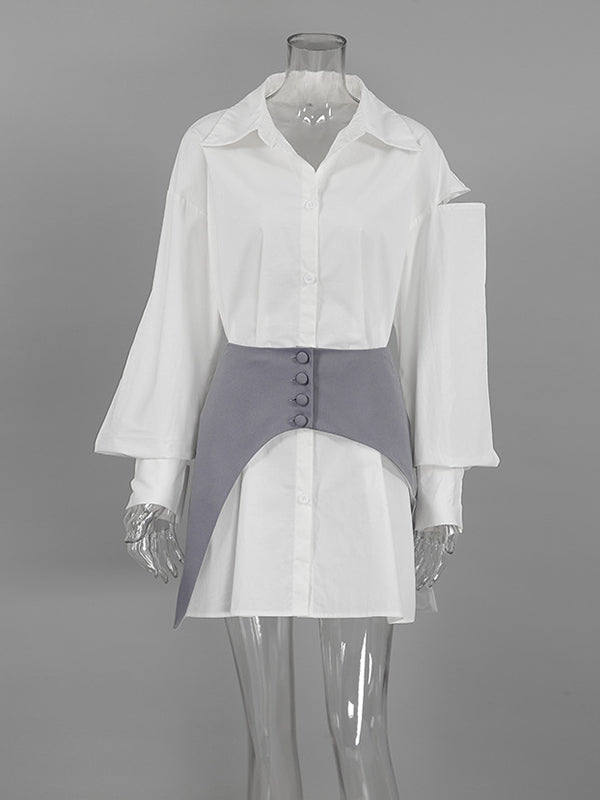 Buttoned Hollow Waistband High Waisted Long Sleeves Lapel Blouses&Shirts Tops