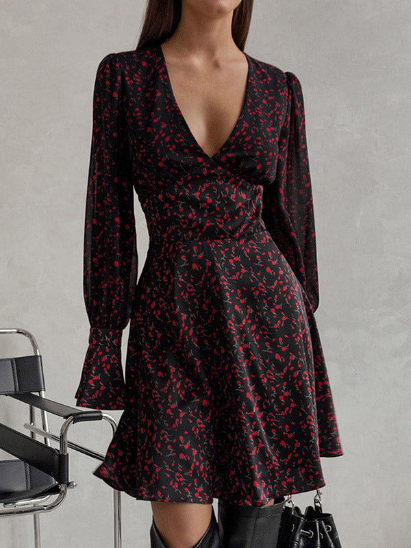 Flower Print Zipper A-Line Flared Sleeves Deep V-Neck Mini Dresses