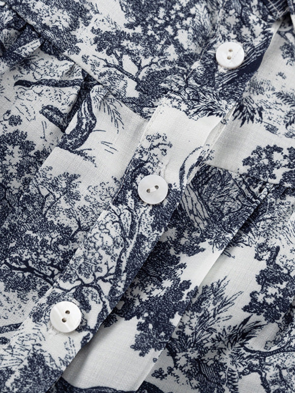 Pleated Printed Split-Joint Tied Waist Loose Puff Sleeves Lapel Shirt Dress Mini Dresses