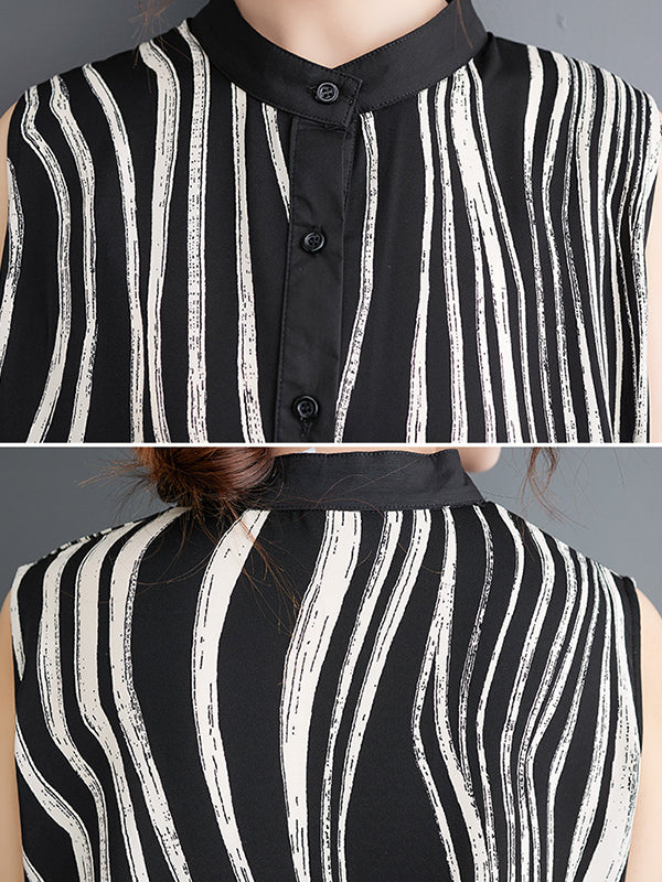 Striped Loose Sleeveless Stand Collar Midi Dresses