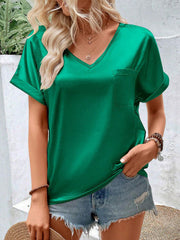 Pockets Solid Color Loose Short Sleeves V-Neck T-Shirts Tops