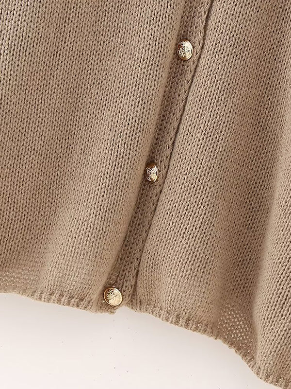 Buttoned Split-Joint Loose Puff Sleeves Round-neck Cardigan Tops