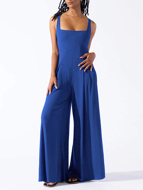 Pleated Solid Color Loose Sleeveless Spaghetti-Neck Jumpsuits
