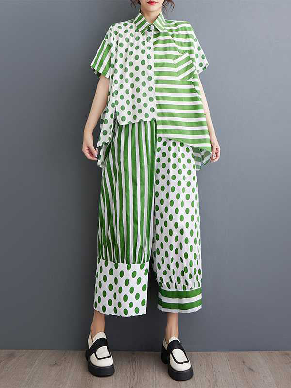 High-Low Asymmetric Half Sleeves Contrast Color Polka-Dot Split-Side Striped Lapel Blouses Top + Pants Bottom Two Pieces Set