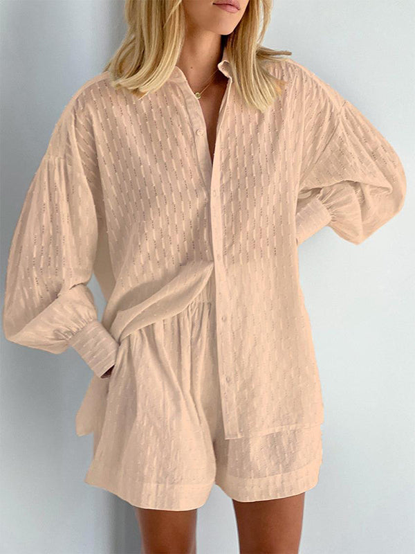 Buttoned Jacquard High-Low Long Sleeves Solid Color Lapel Shirts Top +Shorts Bottom Two Pieces Set