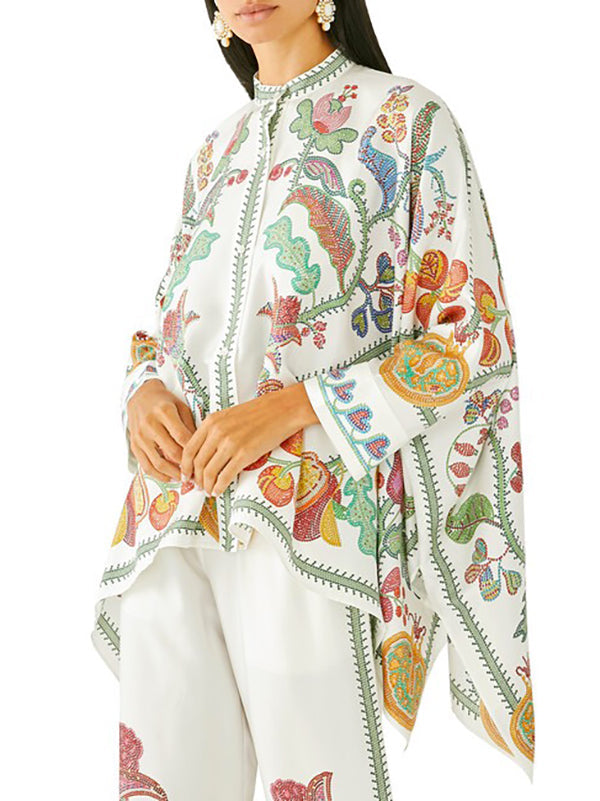 Buttoned Flower Print Batwing Sleeves High-Low Mock Neck Blouses&Shirts Tops