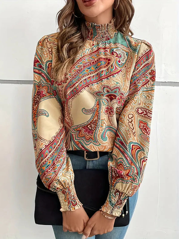 Buttoned Elasticity Flower Print Hollow Split-Joint Long Sleeves Loose Mock Neck Blouses&shirts Tops