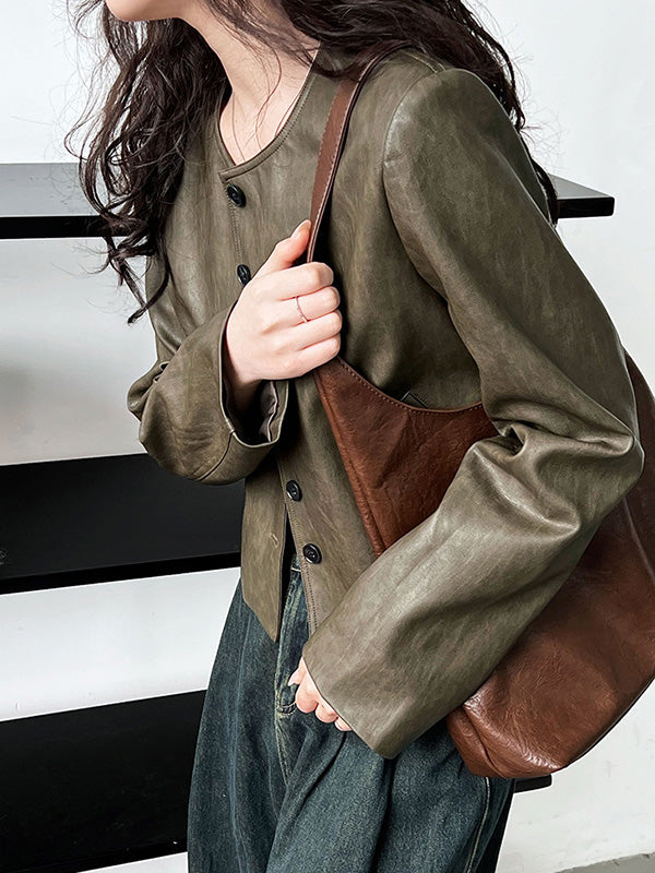 Buttoned Pockets Long Sleeves Loose Round-neck Jackets