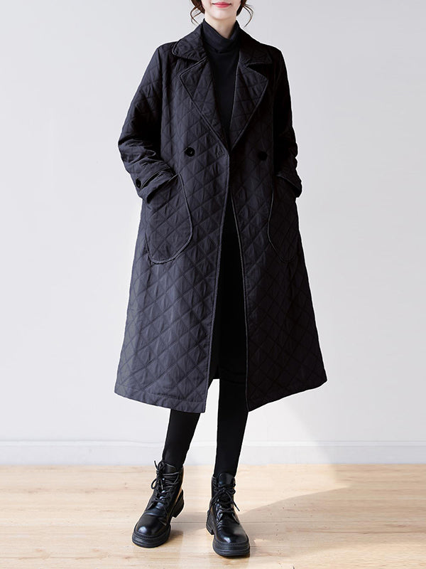 Buttoned Pockets Quilted Long Sleeves Loose Notched Collar Padded Coat