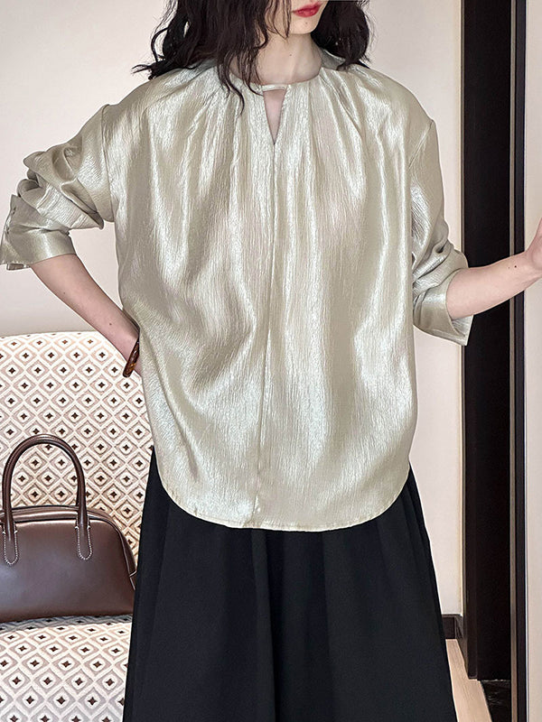 Hollow Shiny Solid Color Long Sleeves Loose Round-Neck Blouses&Shirts Tops