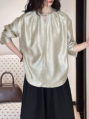 Hollow Shiny Solid Color Long Sleeves Loose Round-Neck Blouses&Shirts Tops