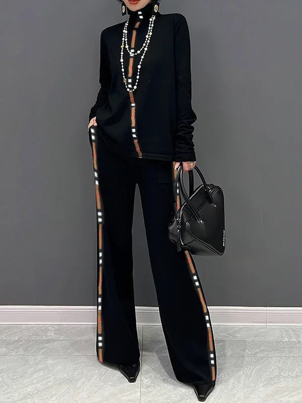 Contrast Color Printed Long Sleeves Loose High Neck T-Shirts Tops