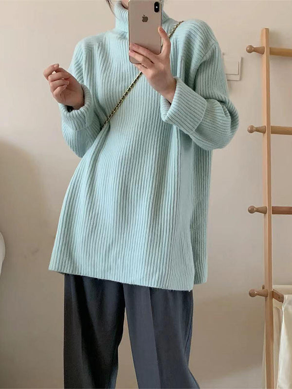 Solid Color Split-Joint Split-Side Long Sleeves Loose High Neck Sweater
