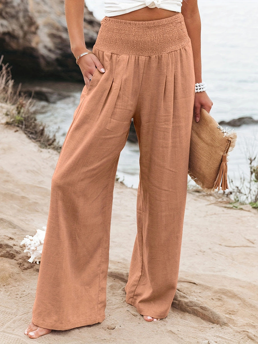 Pleated Pockets Solid Color Split-Joint Elasticated Waist High Waisted Pants