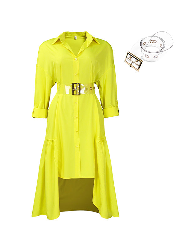Pleated Split-Joint Tied Waist High-Low Loose Lapel Shirt Dress Midi Dresses