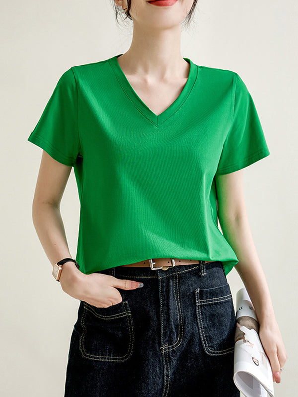 Solid Color Loose Short Sleeves V-Neck T-Shirts Tops