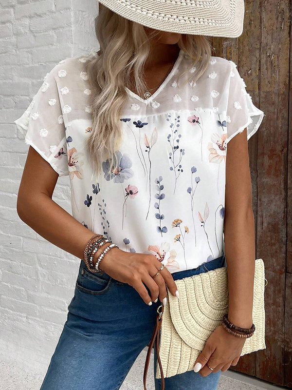 Flower Print Jacquard Split-Joint Loose Short Sleeves V-Neck T-Shirts Tops