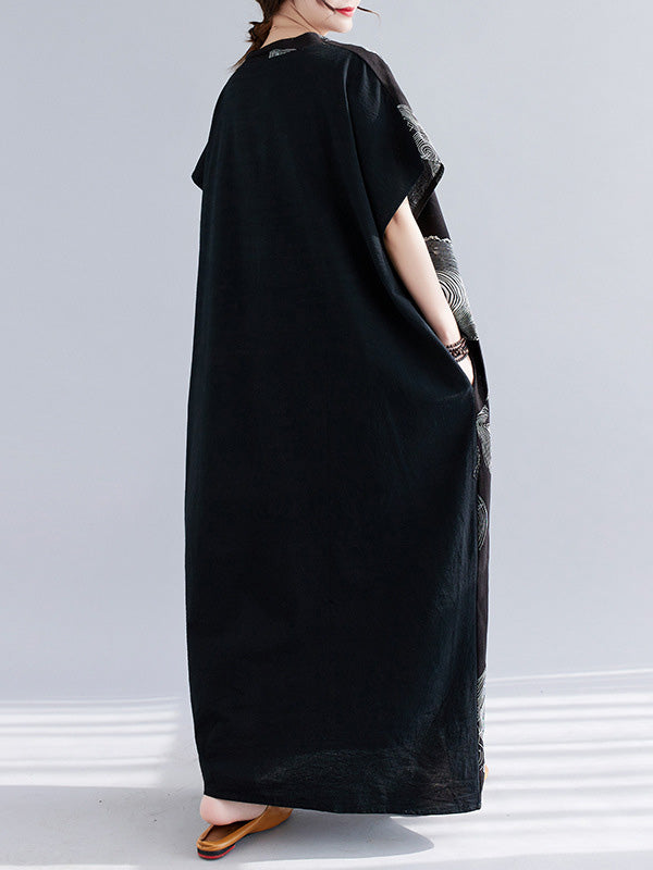 Casual Short Sleeves Loose Contrast Color Printed V-Neck Maxi Dresses