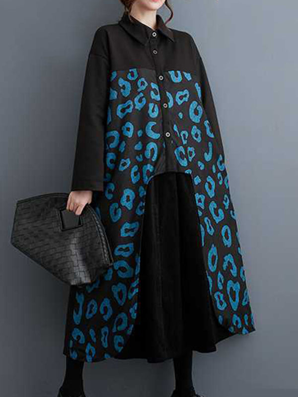 Buttoned Pleated Printed Split-Joint Long Sleeves Loose Lapel Midi Dresses