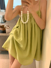 Pleated Solid Color Loose Sleeveless Spaghetti-Neck Slip Dress Mini Dresses