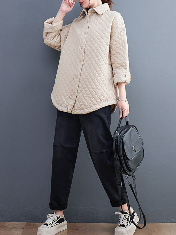 Loose Long Sleeves Buttoned Solid Color Lapel Collar Padded Outerwear
