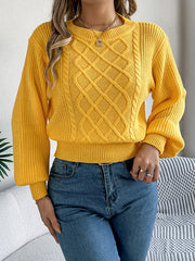 Cable Knit Solid Color Elasticated Waist Long Sleeves Round-Neck Sweater Tops Knit Top