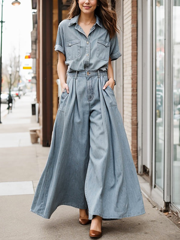 Buttoned Pockets Short Sleeves Lapel Shirts Top + High Waisted Pants Bottom Two Pieces Set