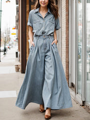 Buttoned Pockets Short Sleeves Lapel Shirts Top + High Waisted Pants Bottom Two Pieces Set