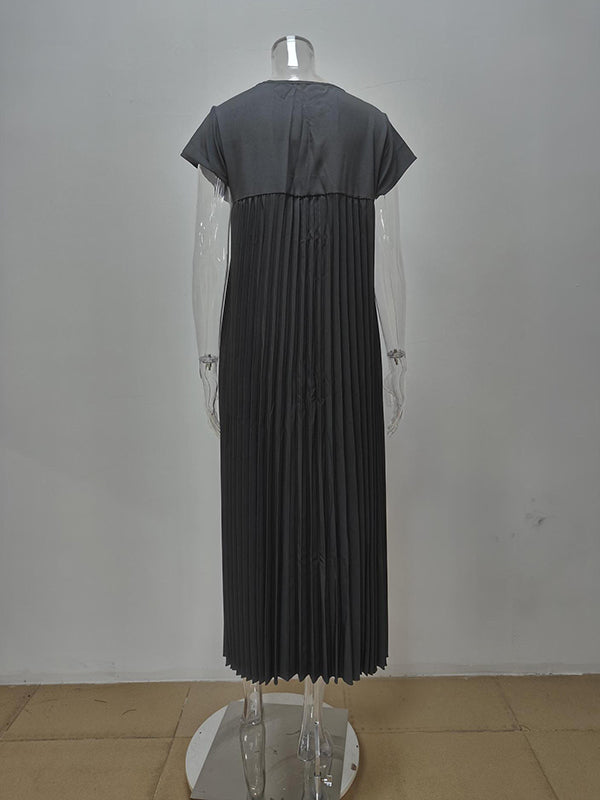 Pleated Pockets Solid Color Split-Joint A-Line High Waisted Round-Neck Maxi Dresses