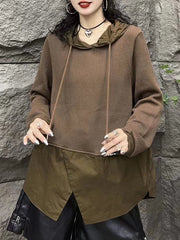 Drawstring Split-front Split-Joint Hooded Long Sleeves Hoodies Tops