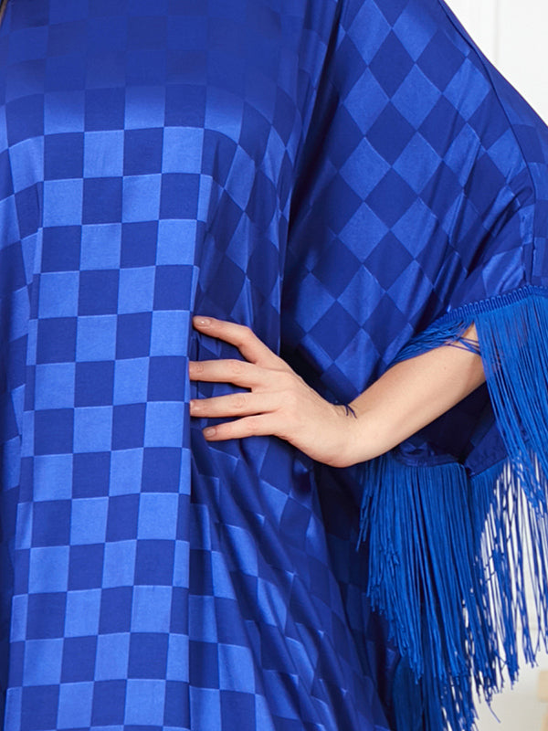 Plaid Ribbon Tasseled A-Line Batwing Sleeves Maxi Dresses