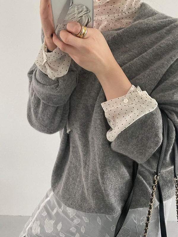 Polka-Dot See-Through Tied Long Sleeves Loose Mock Neck Blouses&Shirts Tops
