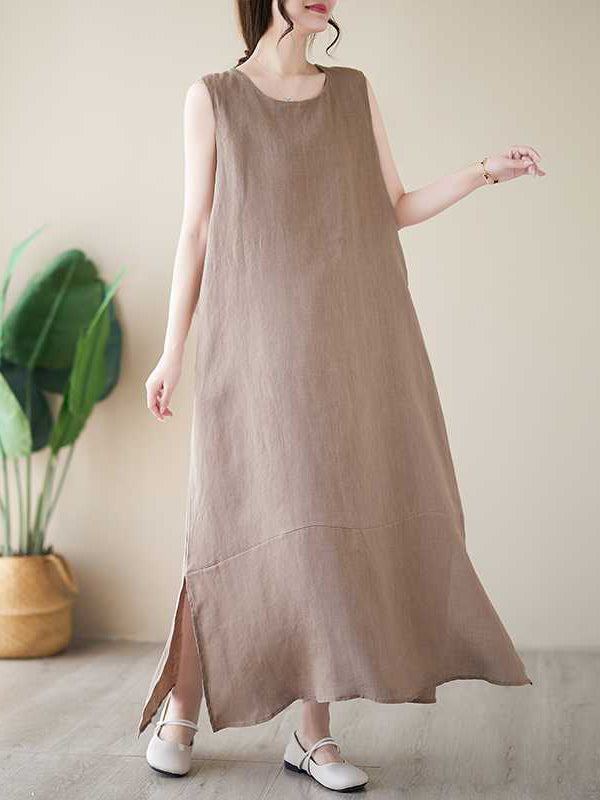 Solid Color A-Line Loose Round-Neck Midi Dresses