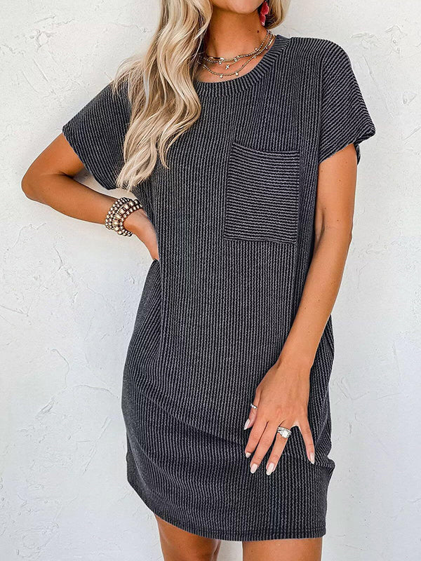 Contrast Color Pockets Split-Joint Striped A-Line Loose Round-Neck Mini Dresses