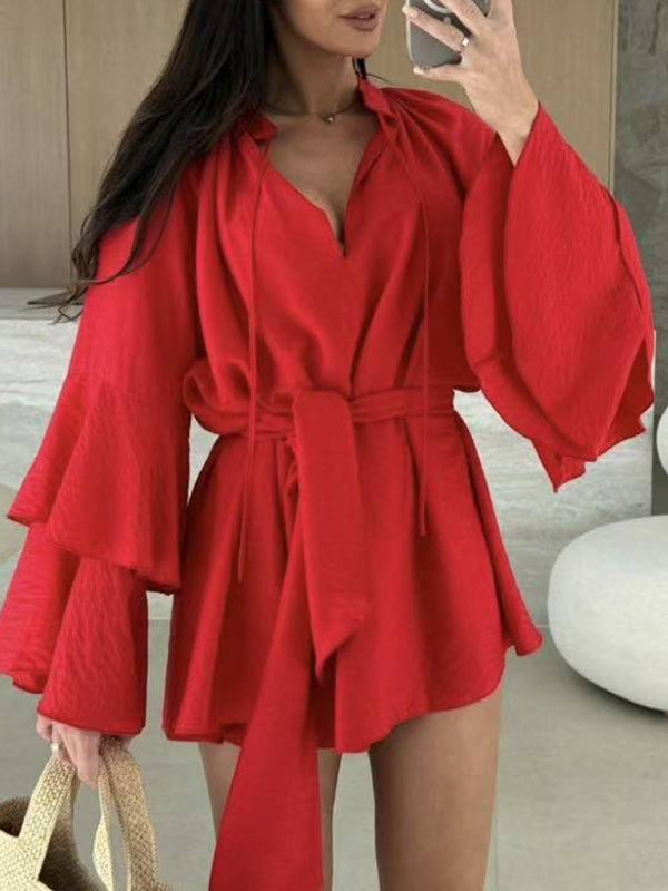 Lace-Up Pleated Solid Color Split-Joint Tiered Flared Sleeves Loose Round-neck Mini Dresses